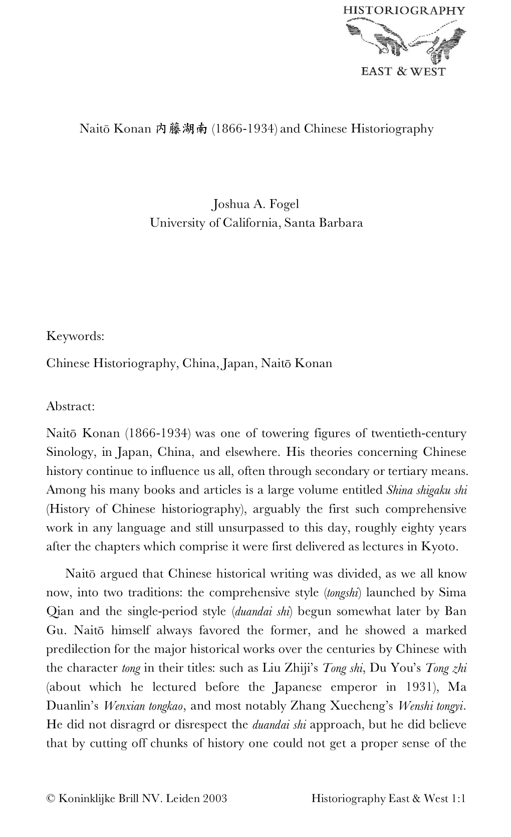 Naito Konan (1866-1934) and Chinese Historiography