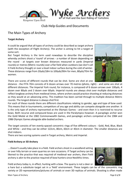 Club Help Guides and Documents the Main Types of Archery