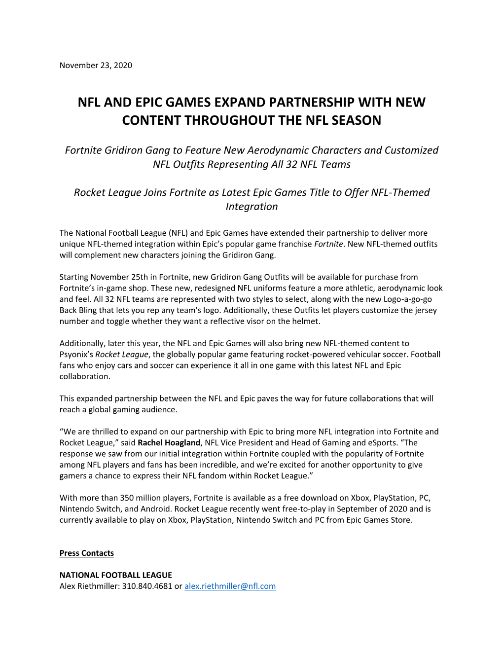 Nfl and Epic Games Expand Partnership with New Content Throughout the Nfl Season