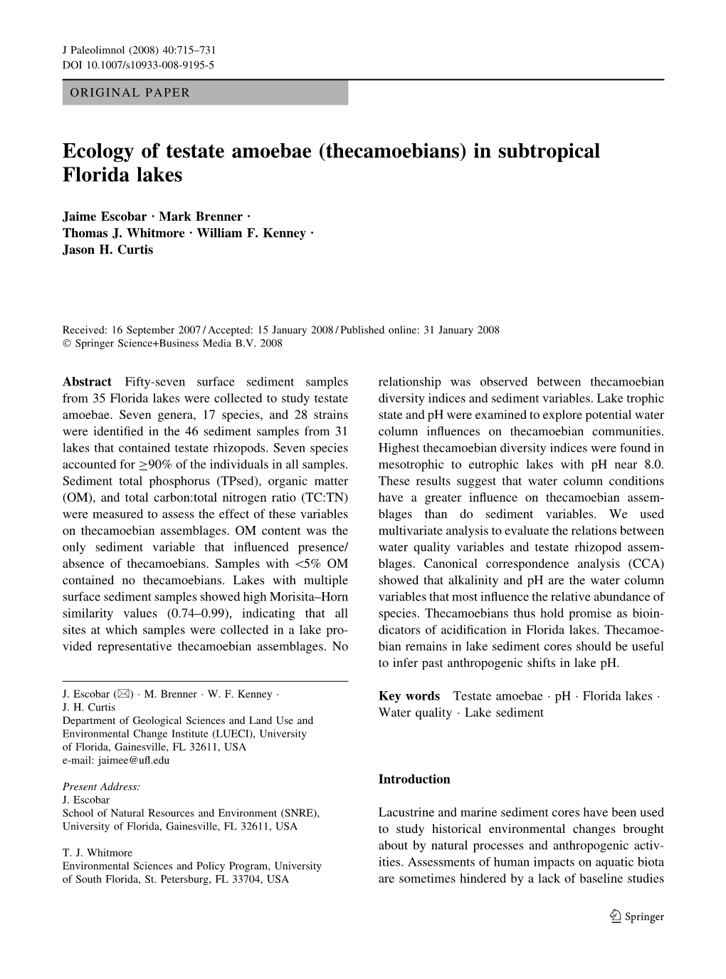 Ecology of Testate Amoebae (Thecamoebians) in Subtropical Florida Lakes