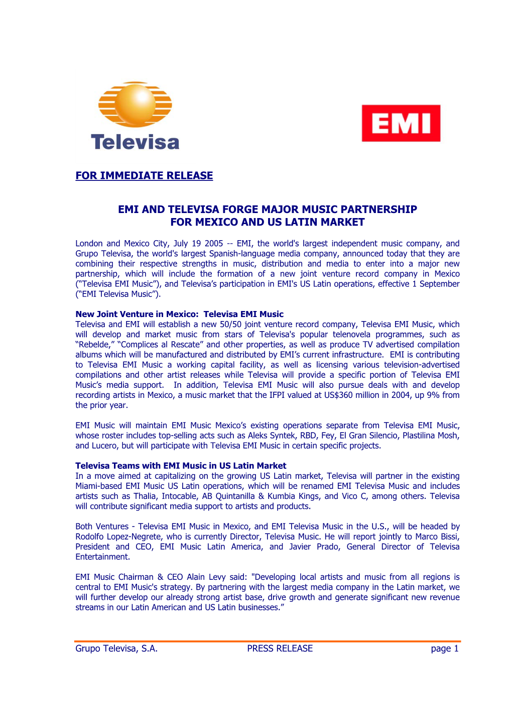 For Immediate Release Emi and Televisa Forge Major Music