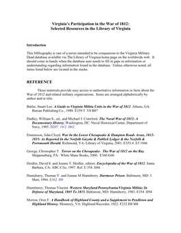 Virginia's Participation in the War of 1812