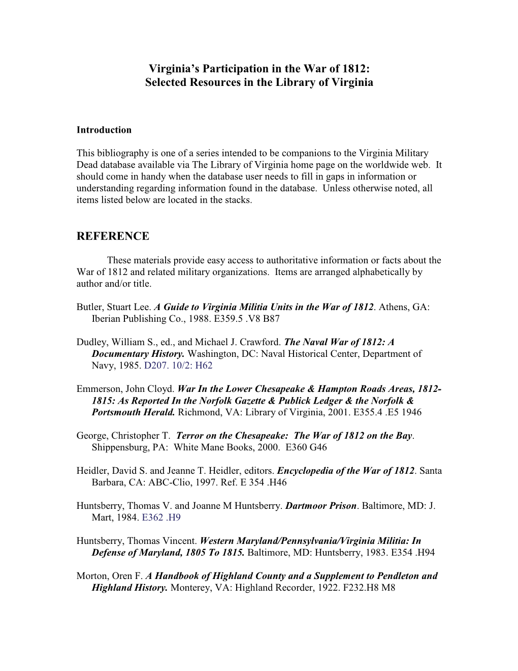 Virginia's Participation in the War of 1812