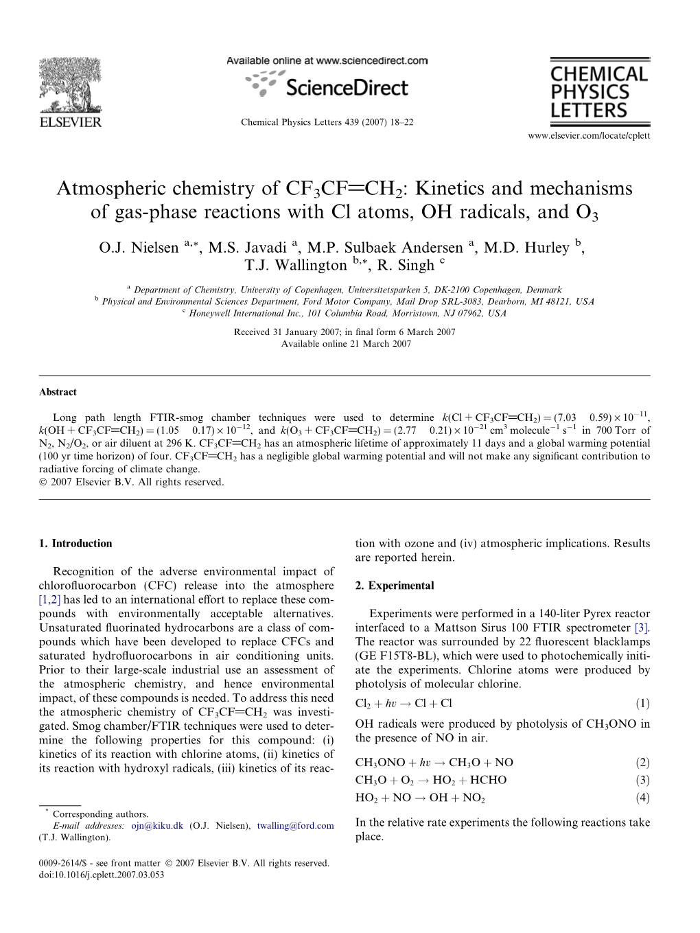 Atmospheric Chemistry of CF3CF@CH2: Kinetics and Mechanisms of Gas-Phase Reactions with Cl Atoms, OH Radicals, and O3