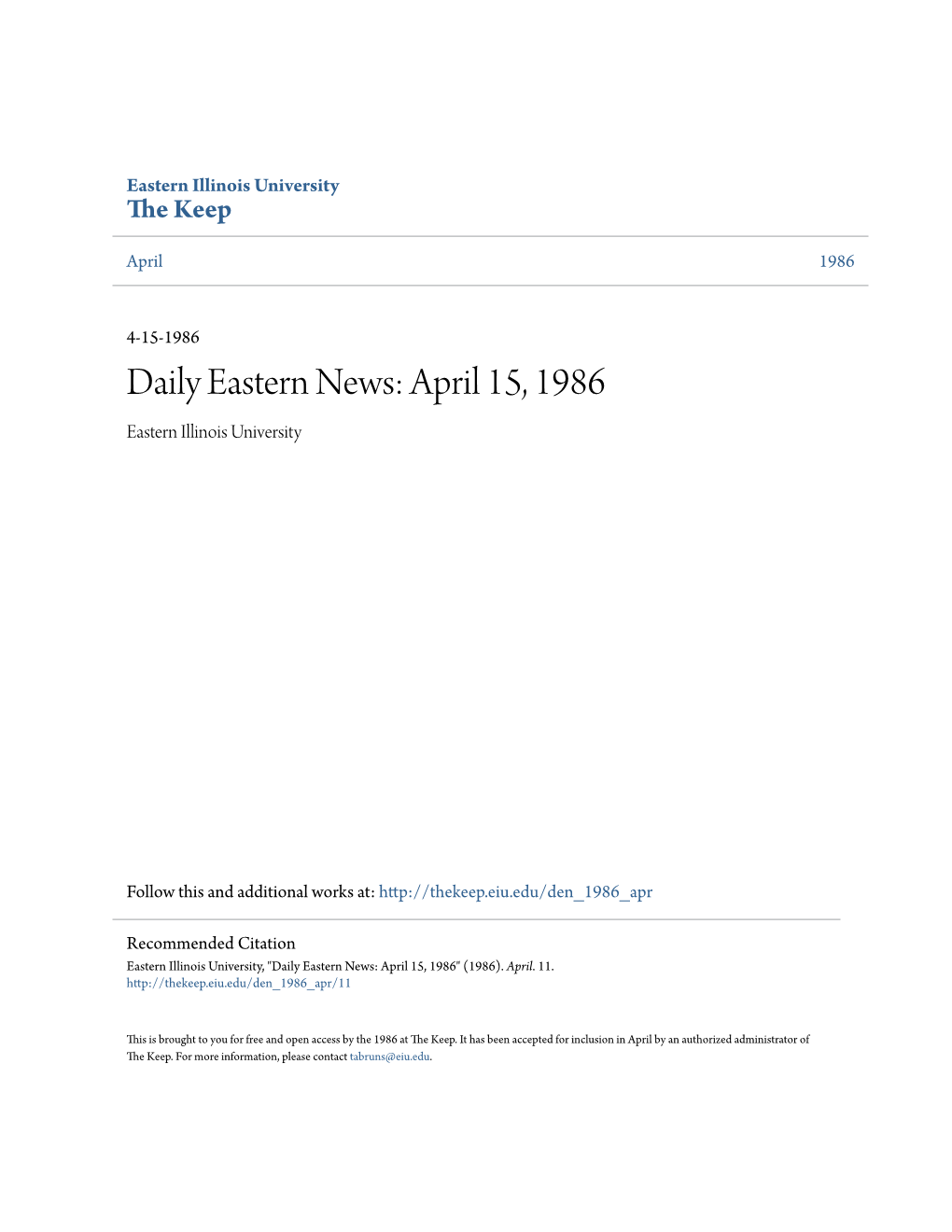 Stern News: April 15, 1986 Eastern Illinois University