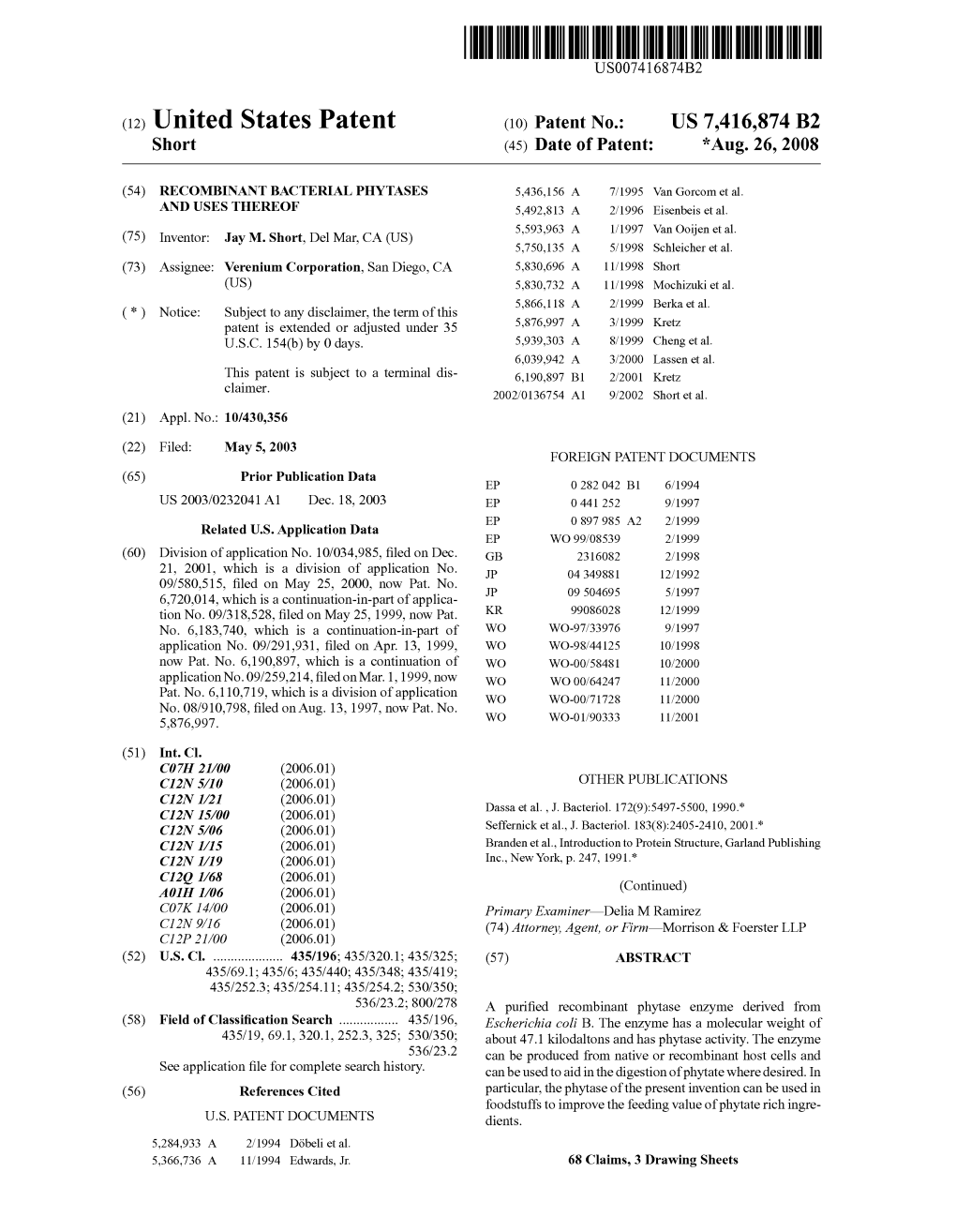 (12) United States Patent (10) Patent No.: US 7.416,874 B2 Short (45) Date of Patent: *Aug
