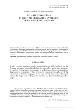 Relative Pronouns in Light of Epigraphic Evidence: the Province of Lusitania*