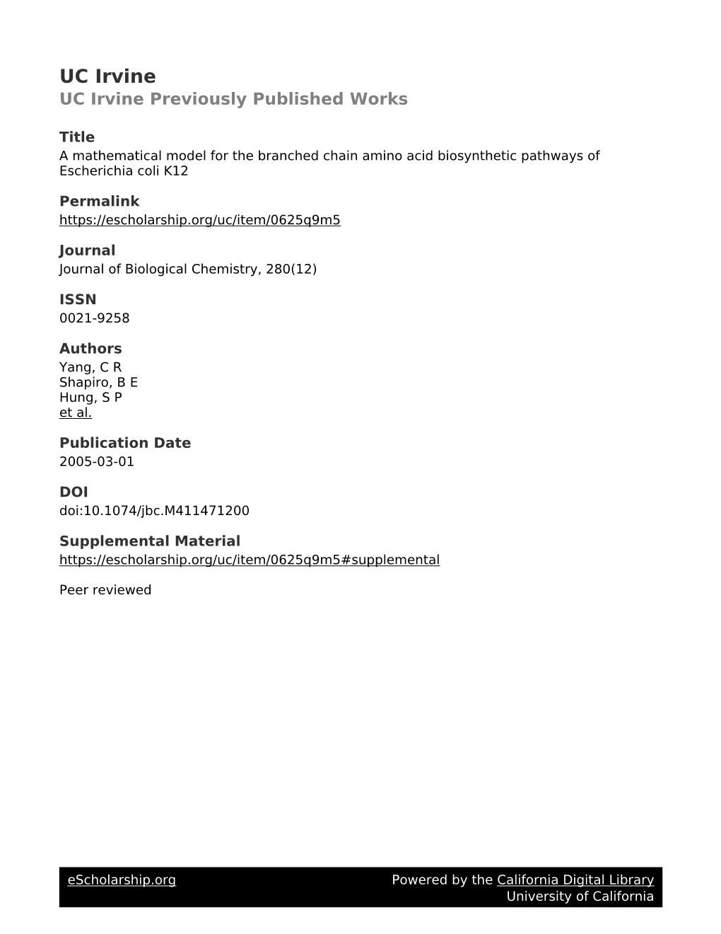 A Mathematical Model for the Branched Chain Amino Acid Biosynthetic Pathways of Escherichia Coli K12