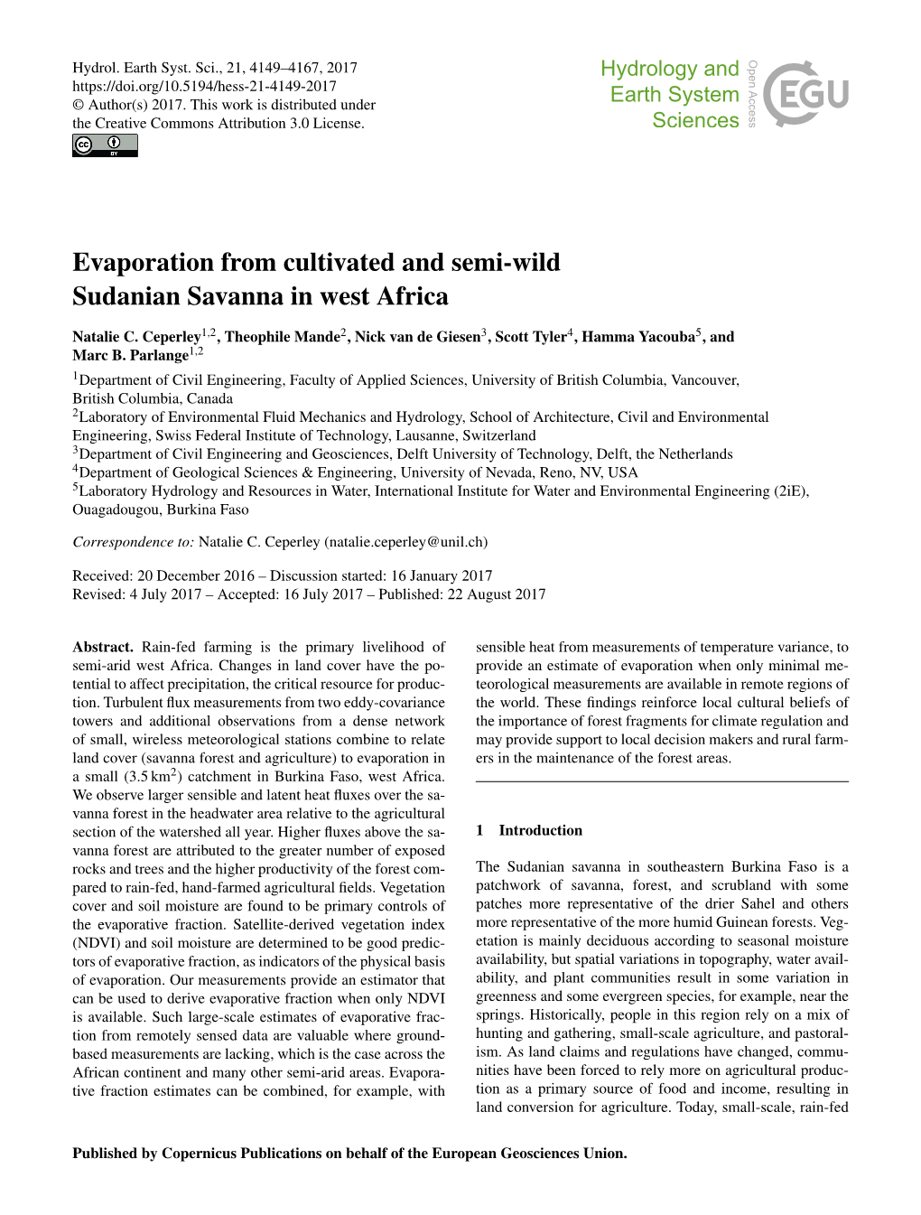 Evaporation from Cultivated and Semi-Wild Sudanian Savanna in West Africa