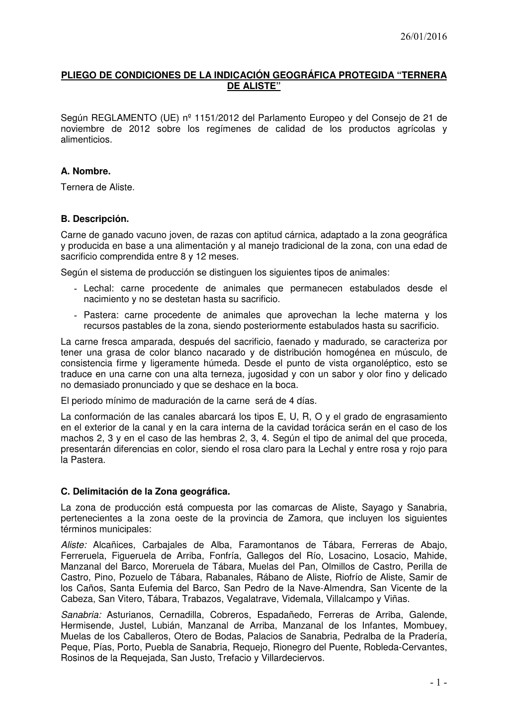 Pliego De Condiciones De La Indicación Geográfica Protegida “Ternera De Aliste”