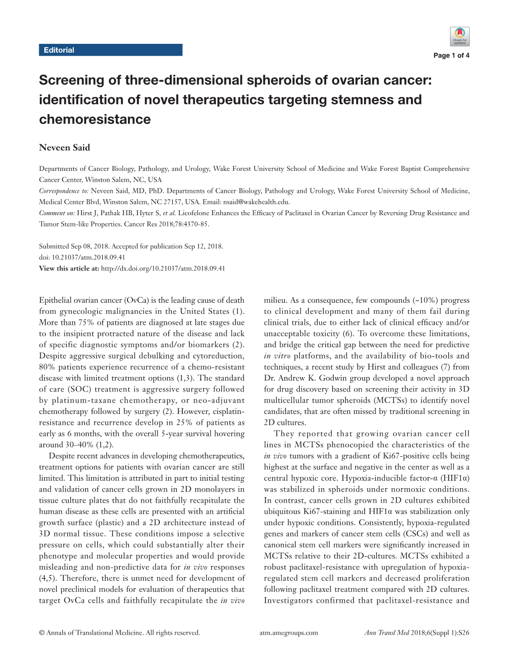 Screening of Three-Dimensional Spheroids of Ovarian Cancer: Identification of Novel Therapeutics Targeting Stemness and Chemoresistance