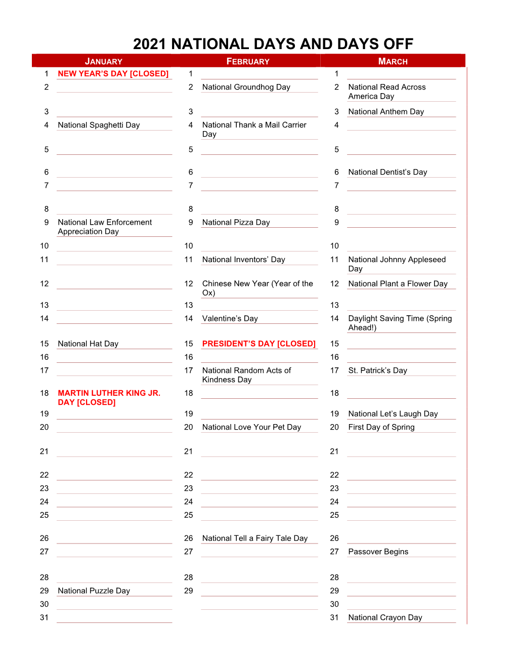 2021 Yearly Calendar List