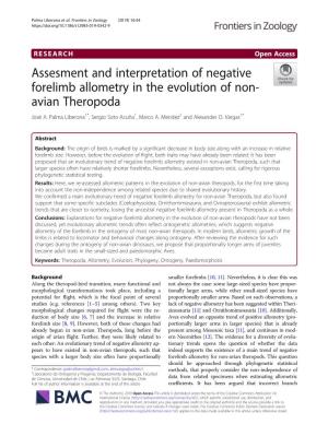 Assesment and Interpretation of Negative Forelimb Allometry in the Evolution of Non- Avian Theropoda José A