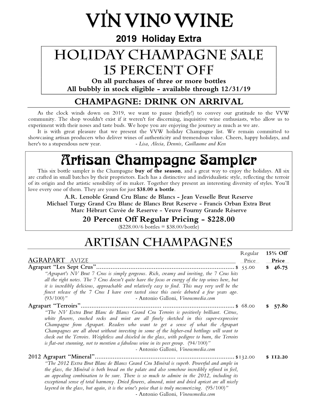 Champagne Sale 15 PERCENT OFF on All Purchases of Three Or More Bottles All Bubbly in Stock Eligible - Available Through 12/31/19