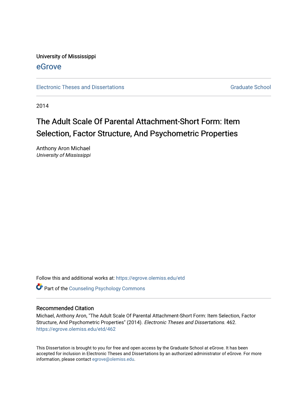 The Adult Scale of Parental Attachment-Short Form: Item Selection, Factor Structure, and Psychometric Properties