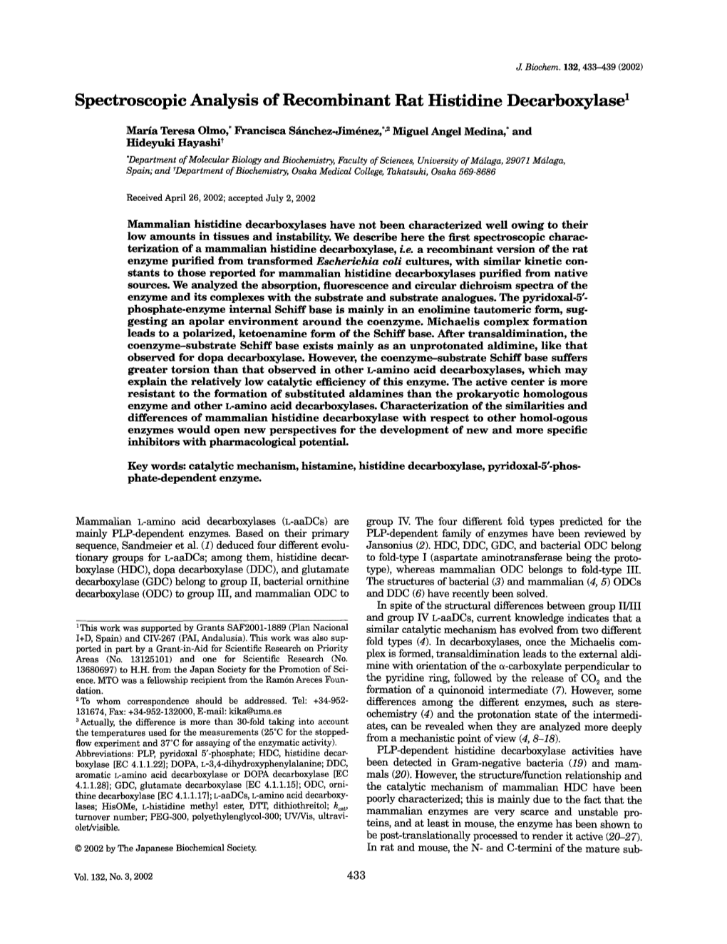 Spectroscopic Analysis of Recombinant Rat Histidine Decarboxylasel