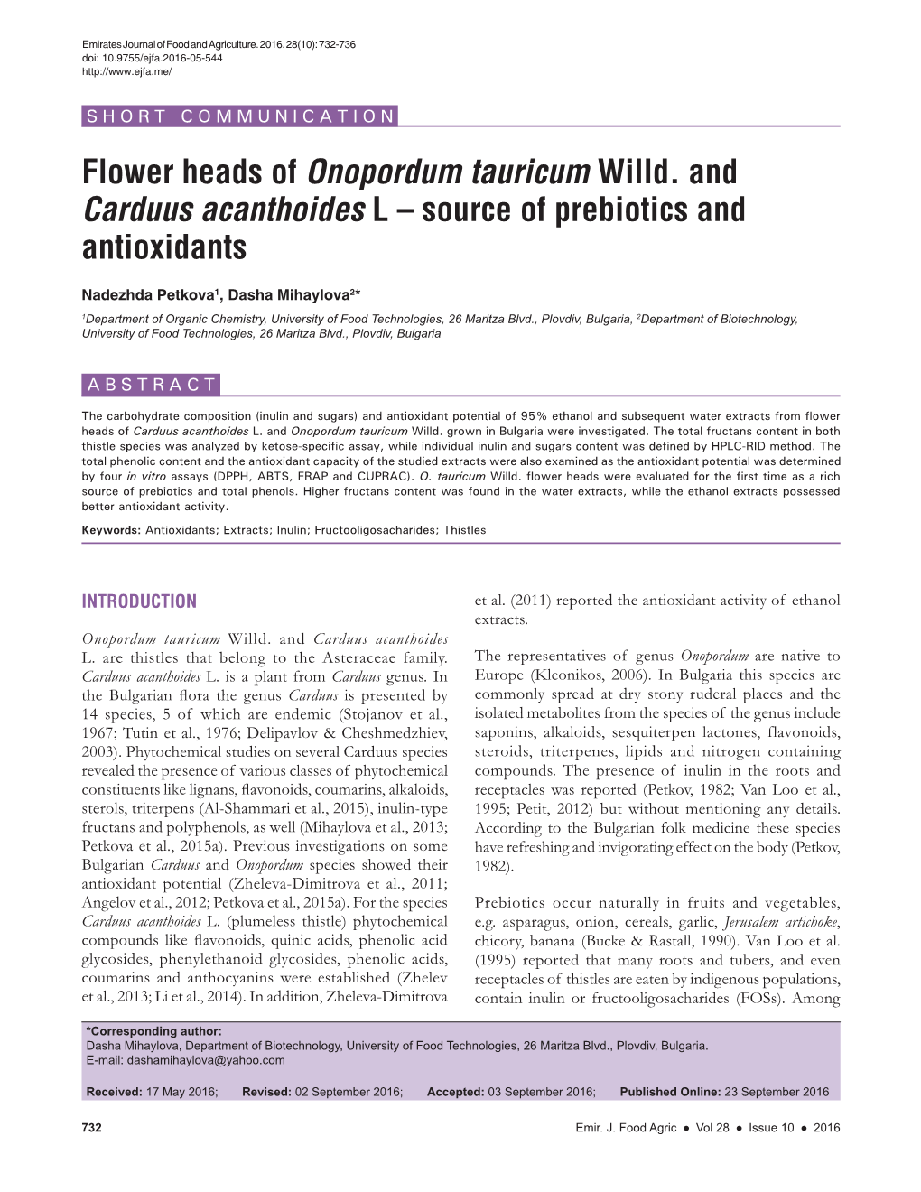Flower Heads of Onopordum Tauricum Willd. and Carduus Acanthoides L – Source of Prebiotics and Antioxidants