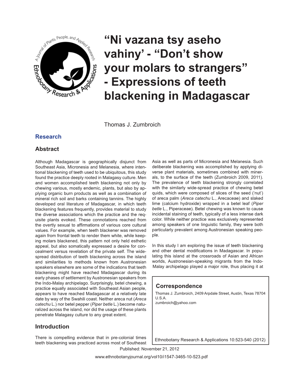 Ni Vazana Tsy Aseho Vahiny’ - “Don’T Show Your Molars to Strangers” - Expressions of Teeth Blackening in Madagascar
