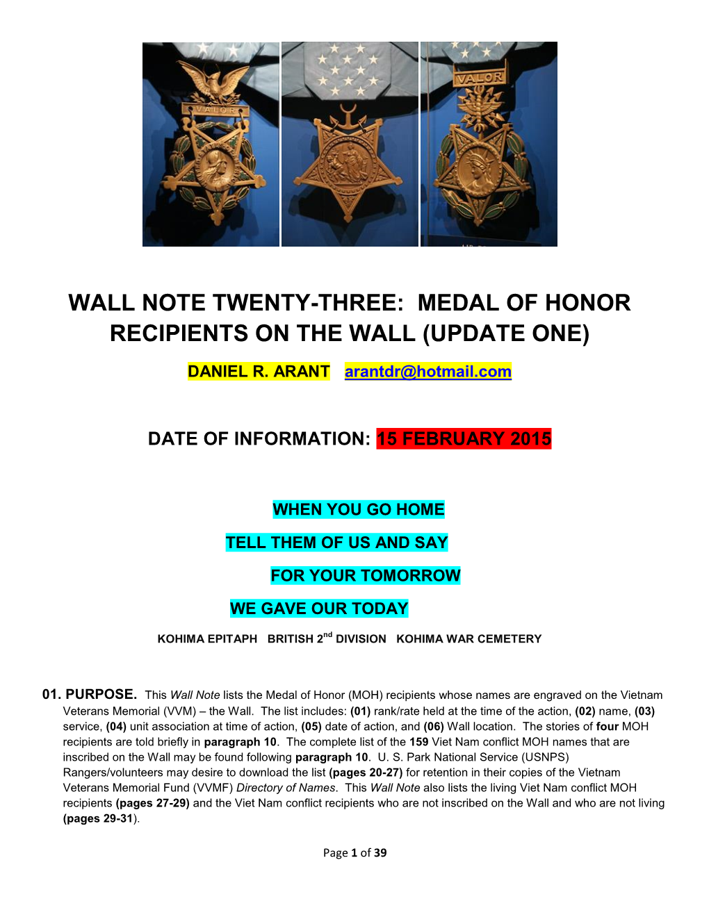 Wall Note Twenty-Three: Medal of Honor Recipients on the Wall (Update One)