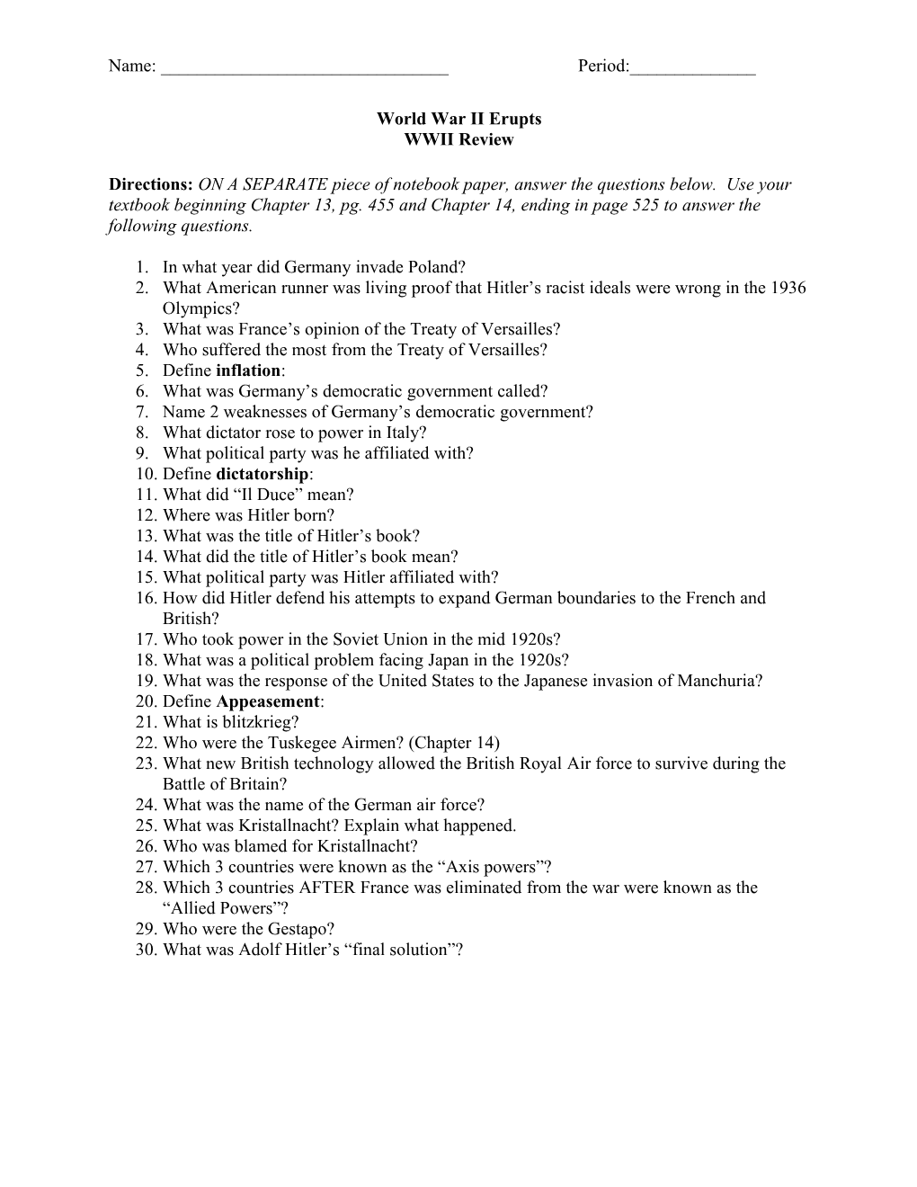 WWII Introduction Worksheet