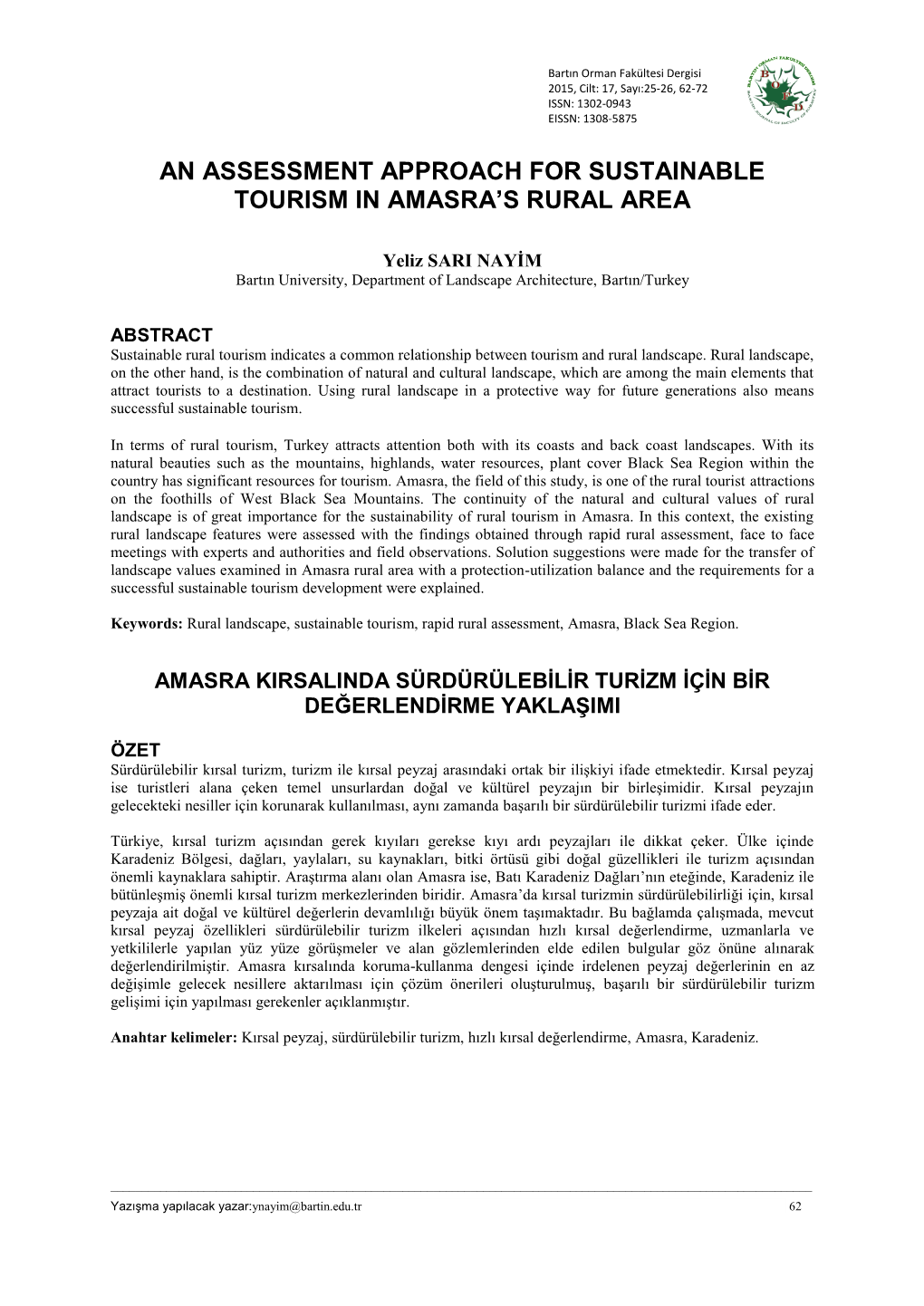 An Assessment Approach for Sustainable Tourism in Amasra’S Rural Area