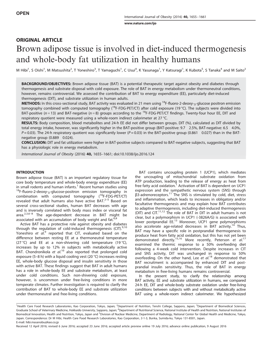 Brown Adipose Tissue Is Involved in Diet-Induced Thermogenesis and Whole-Body Fat Utilization in Healthy Humans