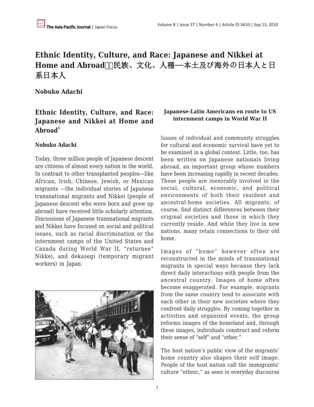 Ethnic Identity, Culture, and Race: Japanese and Nikkei at Home and Abroad 民族、文化、人種−−本土及び海外の日本人と日 系日本人