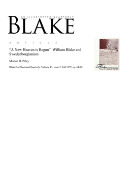 “A New Heaven Is Begun”: William Blake and Swedenborgianism