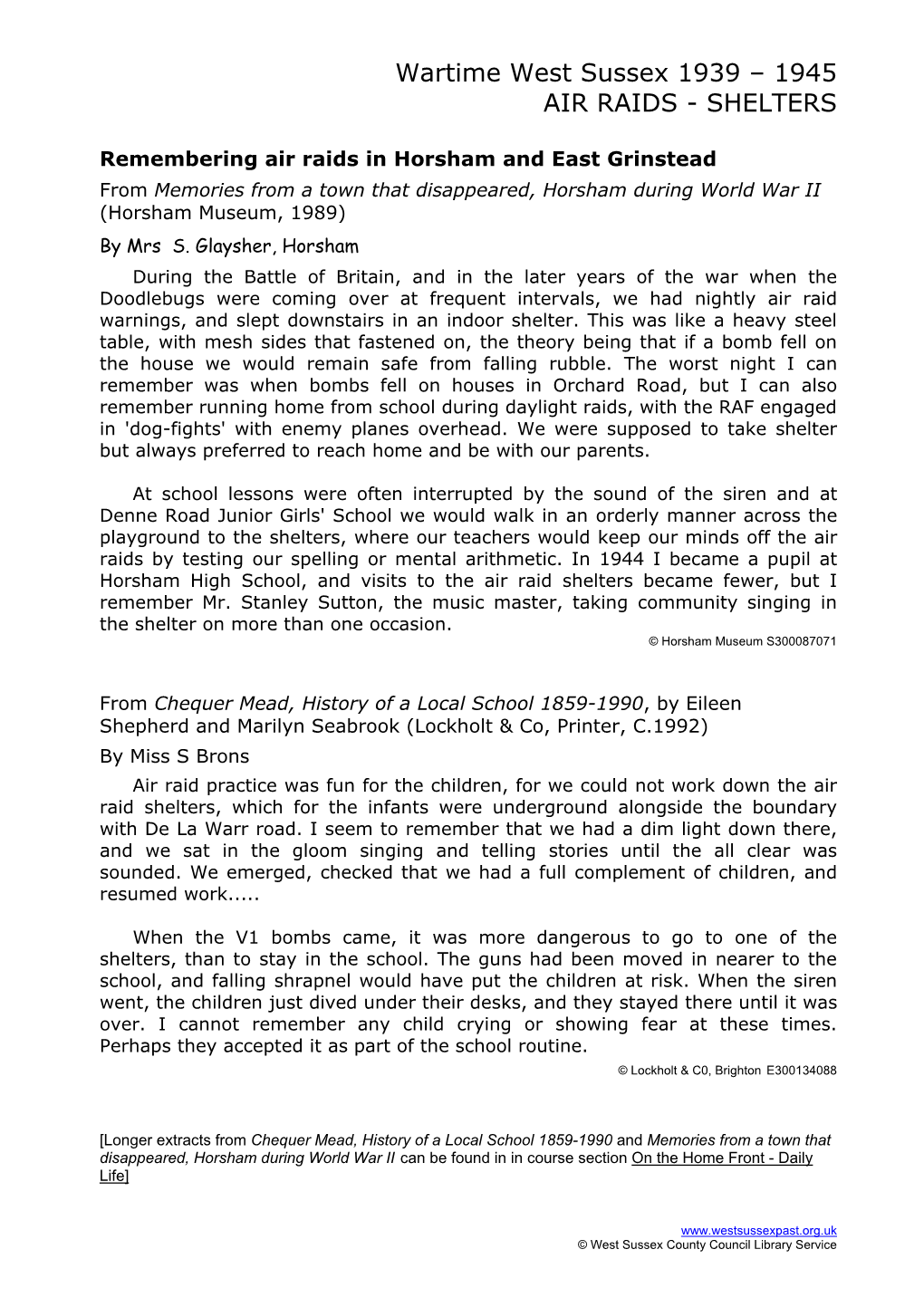 Wartime West Sussex 1939 – 1945 AIR RAIDS - SHELTERS