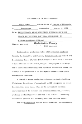 The Ecology and Production Dynamics of Four Black Fly Species (Diptera: Simuliidae) in Western Oregon Streams by Jon A