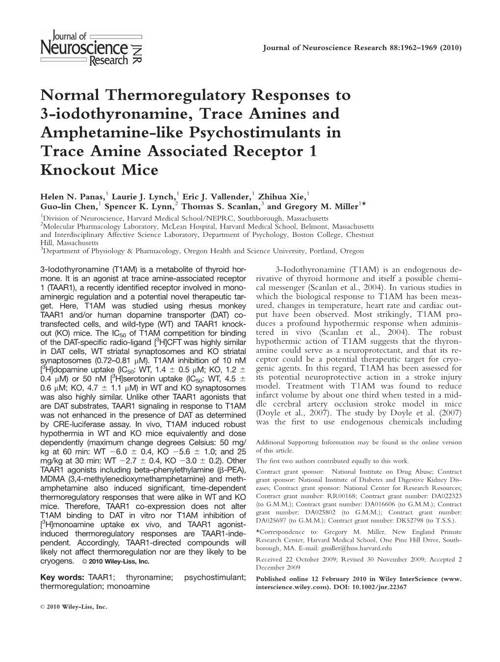 Normal Thermoregulatory Responses to 3-Iodothyronamine, Trace Amines and Amphetamine-Like Psychostimulants in Trace Amine Associated Receptor 1 Knockout Mice