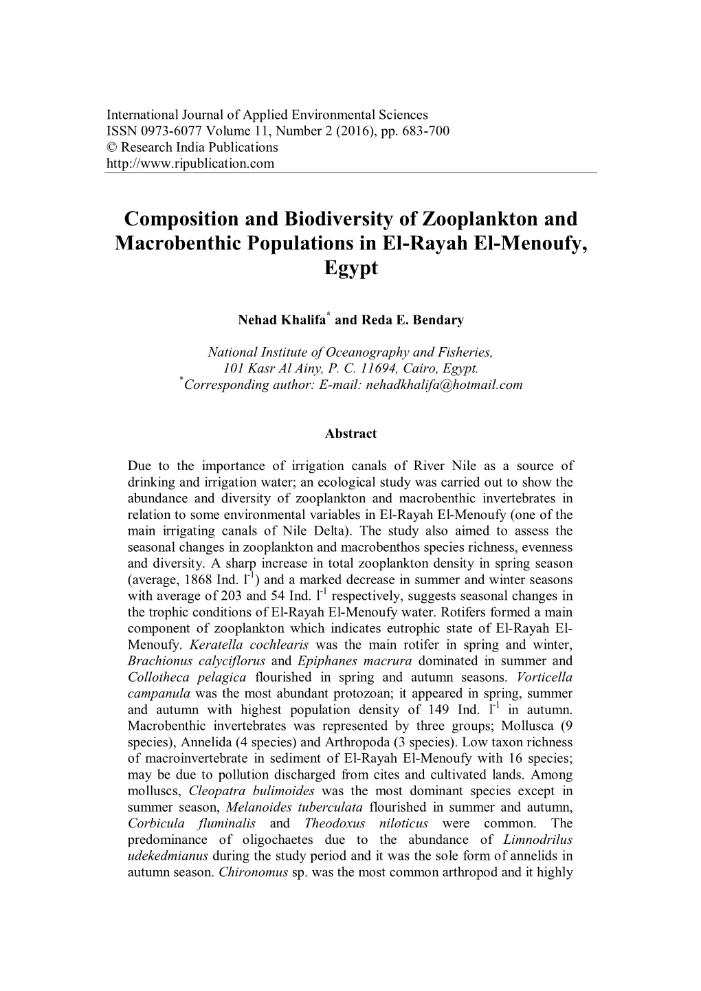 Composition and Biodiversity of Zooplankton and Macrobenthic Populations in El-Rayah El-Menoufy, Egypt