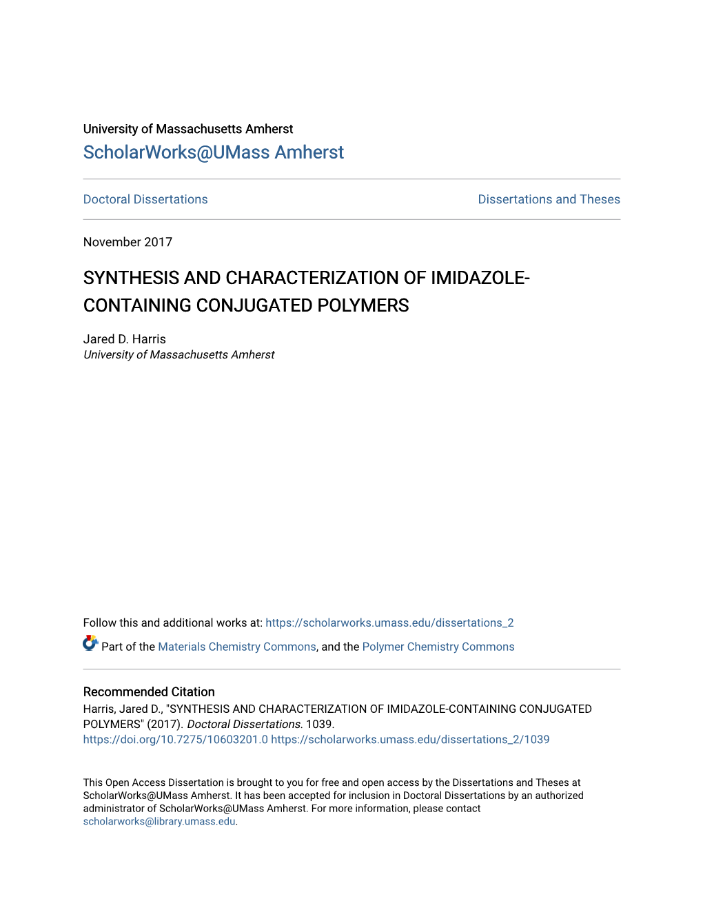 Synthesis and Characterization of Imidazole-Containing Conjugated Polymers" (2017)