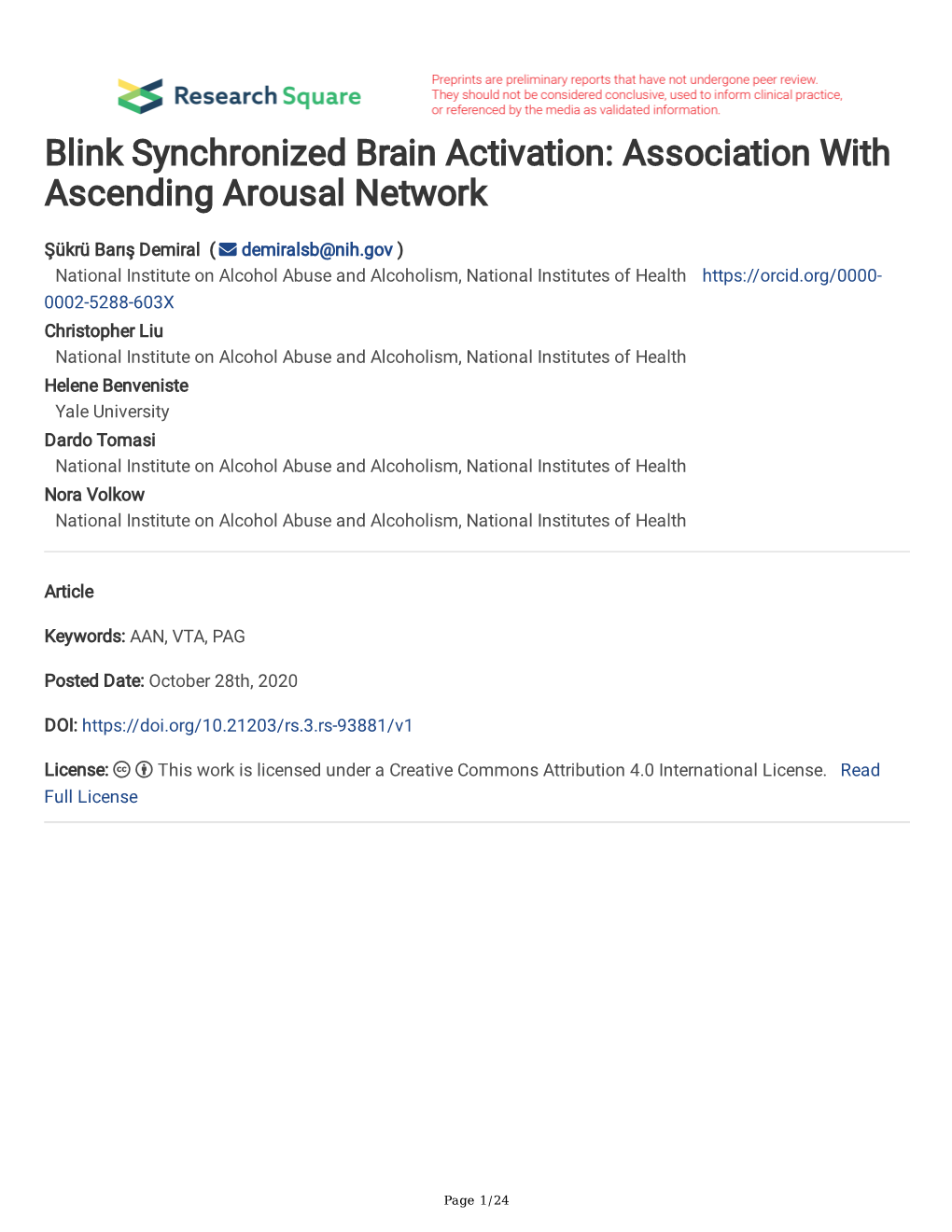 Blink Synchronized Brain Activation: Association with Ascending Arousal Network