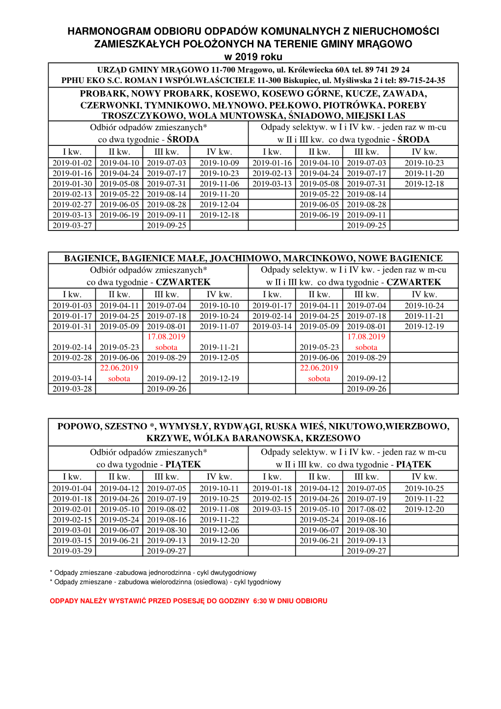 HARMONOGRAM ODBIORU ODPADÓW KOMUNALNYCH Z NIERUCHOMO ŚCI ZAMIESZKAŁYCH POŁO ŻONYCH NA TERENIE GMINY MR ĄGOWO W 2019 Roku URZ ĄD GMINY MR ĄGOWO 11-700 Mr Ągowo, Ul