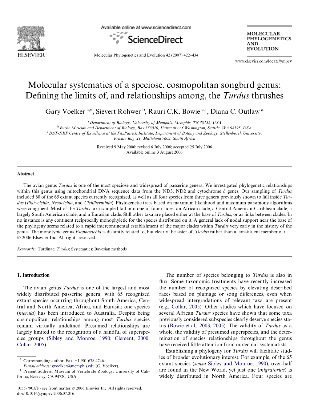 Molecular Systematics of a Speciose, Cosmopolitan Songbird Genus: Defining the Limits Of, and Relationships Among, the Turdus Th