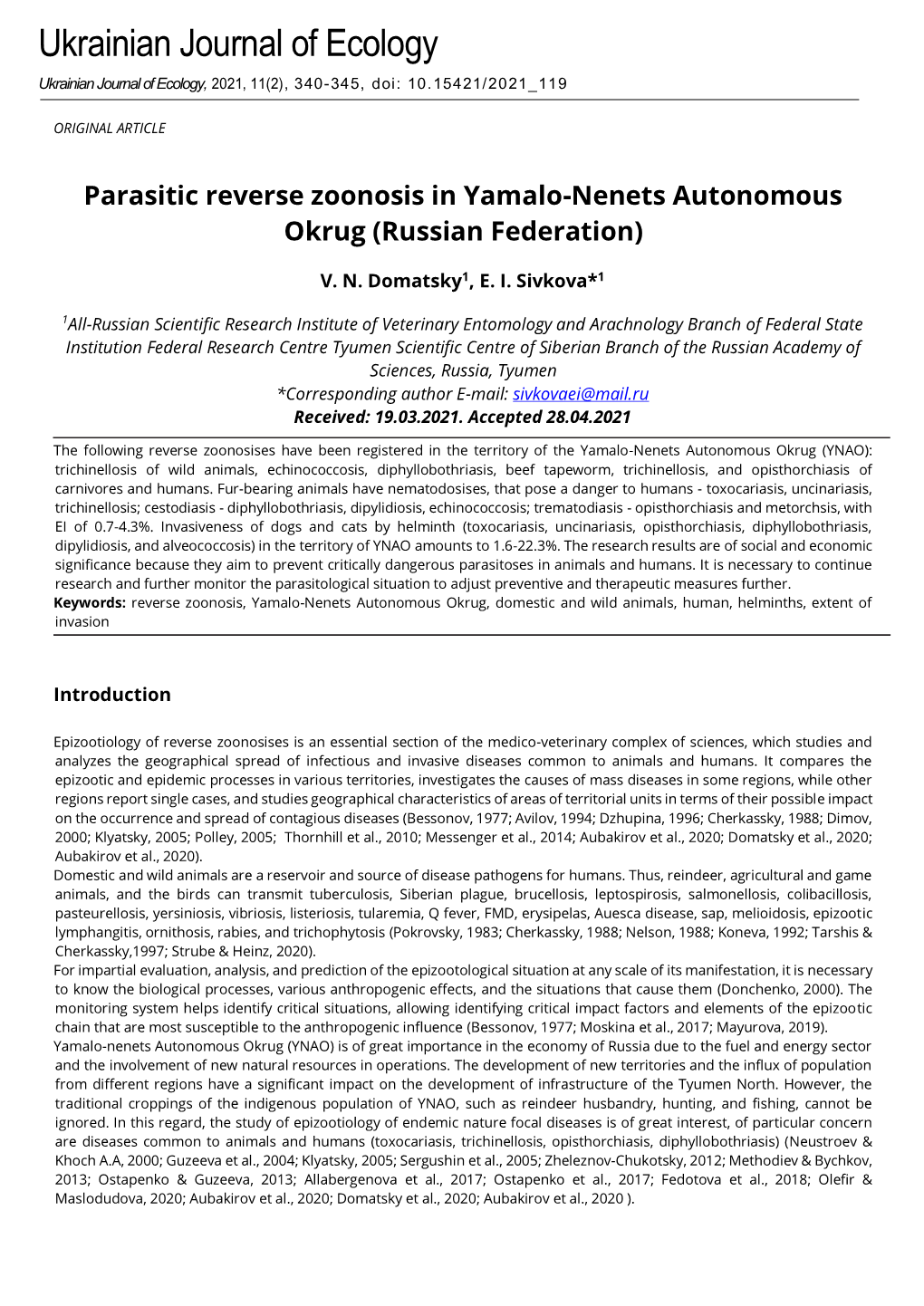 Parasitic Reverse Zoonosis in Yamalo-Nenets Autonomous Okrug (Russian Federation)