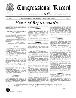 Congressional Record United States Th of America PROCEEDINGS and DEBATES of the 112 CONGRESS, SECOND SESSION