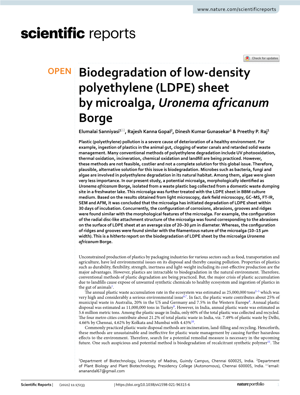 (LDPE) Sheet by Microalga, Uronema Africanum Borge Elumalai Sanniyasi1*, Rajesh Kanna Gopal2, Dinesh Kumar Gunasekar1 & Preethy P