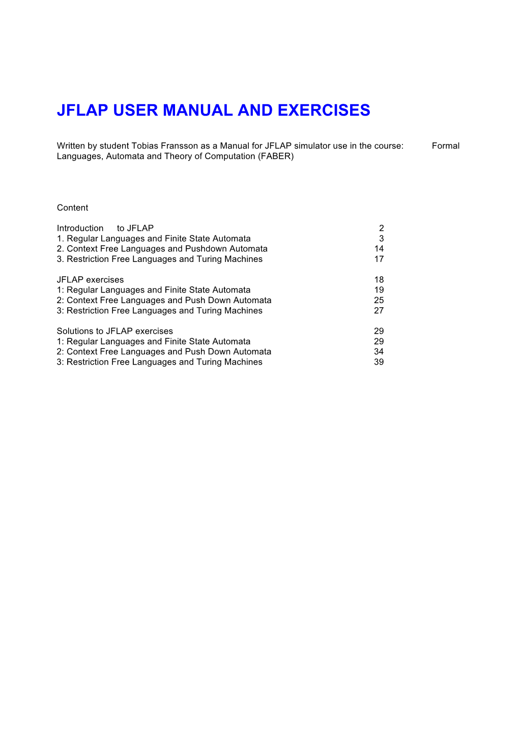 Jflap User Manual and Exercises