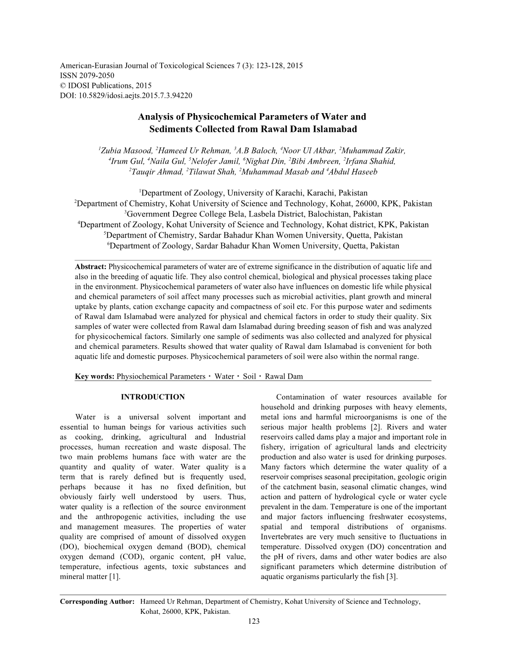 Analysis of Physicochemical Parameters of Water and Sediments Collected from Rawal Dam Islamabad