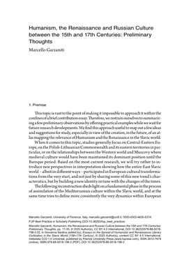 Humanism, the Renaissance and Russian Culture Between the 15Th and 17Th Centuries: Preliminary Thoughts Marcello Garzaniti