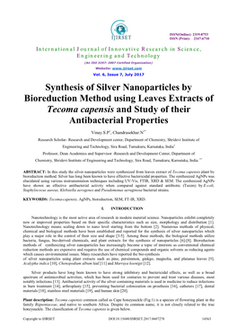 Synthesis of Silver Nanoparticles by Bioreduction Method Using Leaves Extracts of Tecoma Capensis and Study of Their Antibacterial Properties