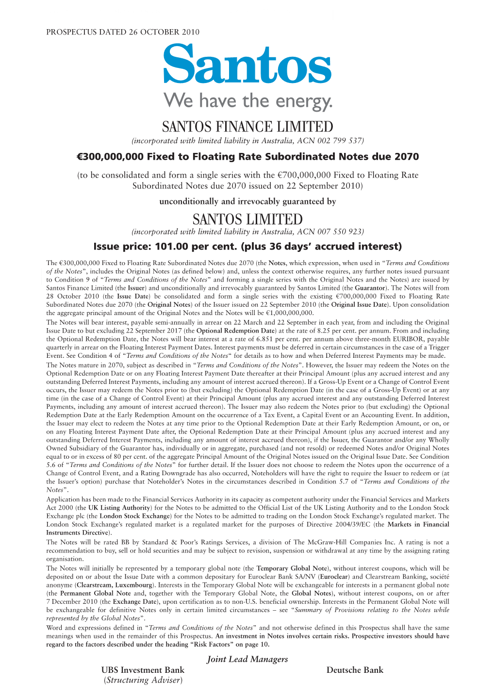Santos Finance Limited Santos Limited