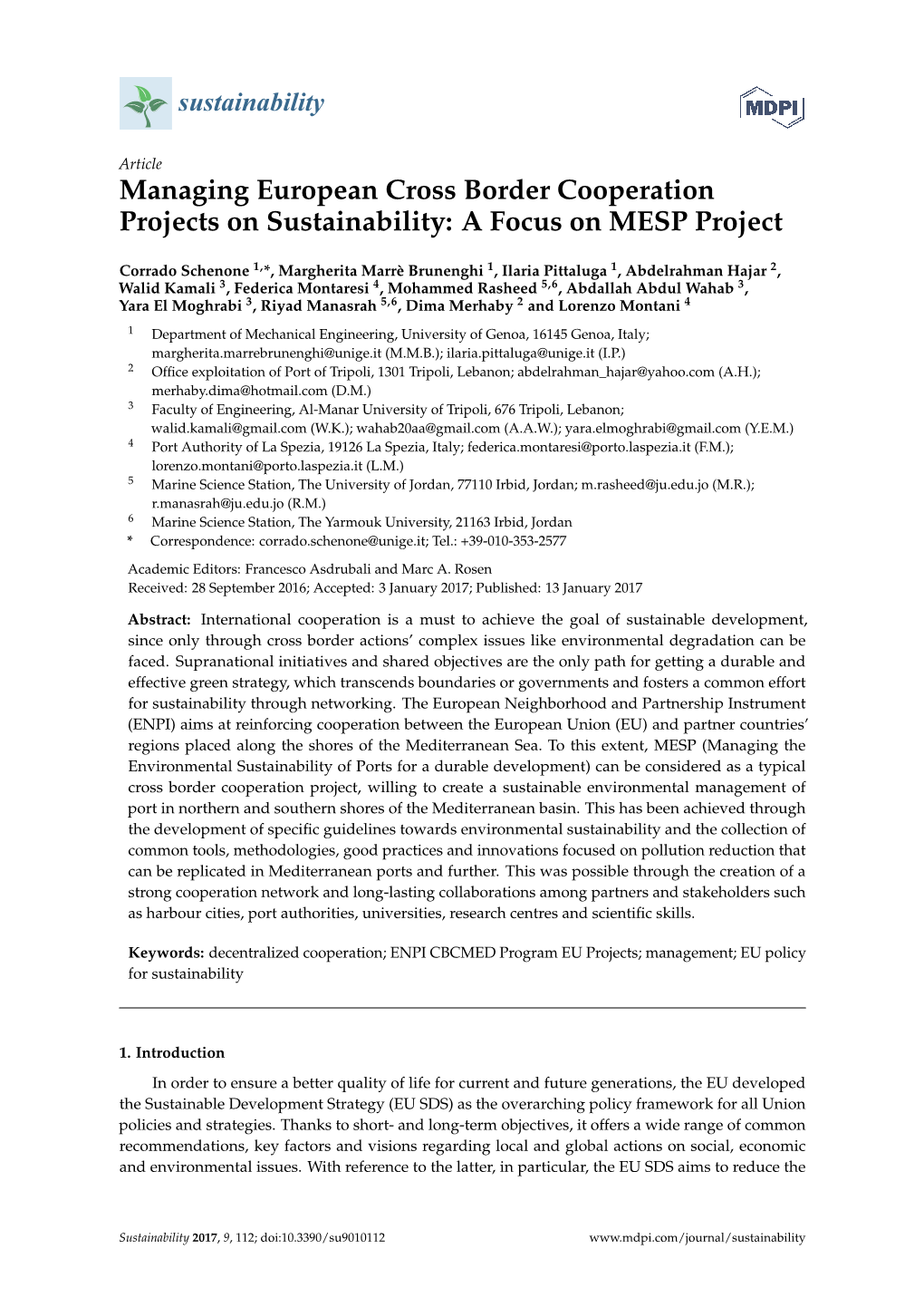 Managing European Cross Border Cooperation Projects on Sustainability: a Focus on MESP Project