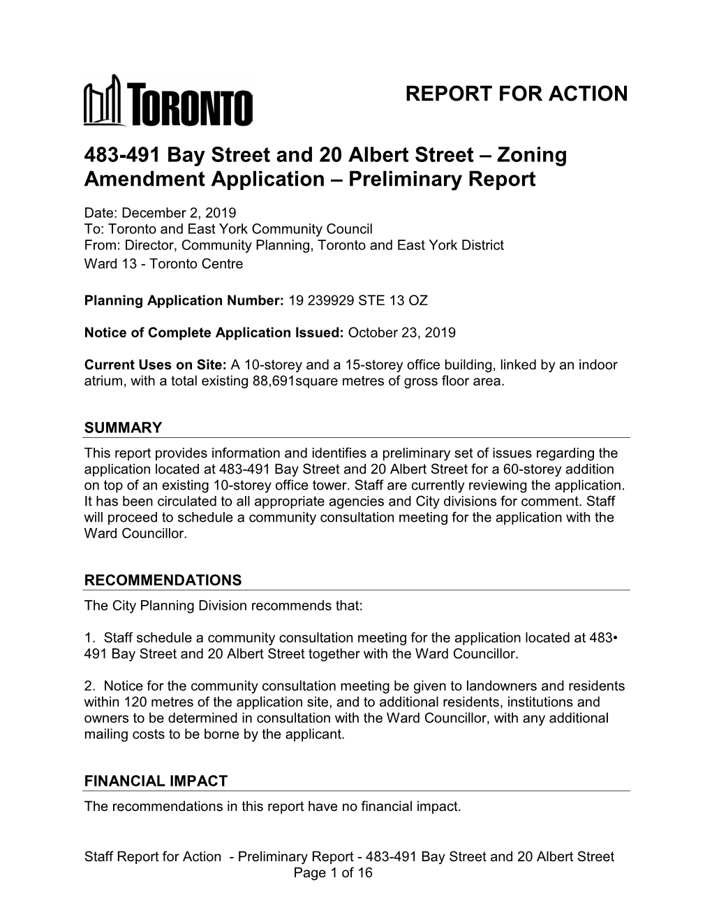 483-491 Bay Street and 20 Albert Street – Zoning Amendment Application – Preliminary Report