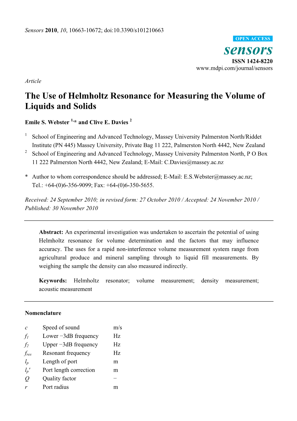 The Use of Helmholtz Resonance for Measuring the Volume of Liquids and Solids