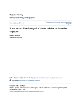 Preservation of Methanogenic Cultures to Enhance Anaerobic Digestion