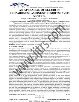 AN APPRAISAL of SECURITY PREPARDNESS AMONGST RESORTS in JOS NIGERIA Gonap E