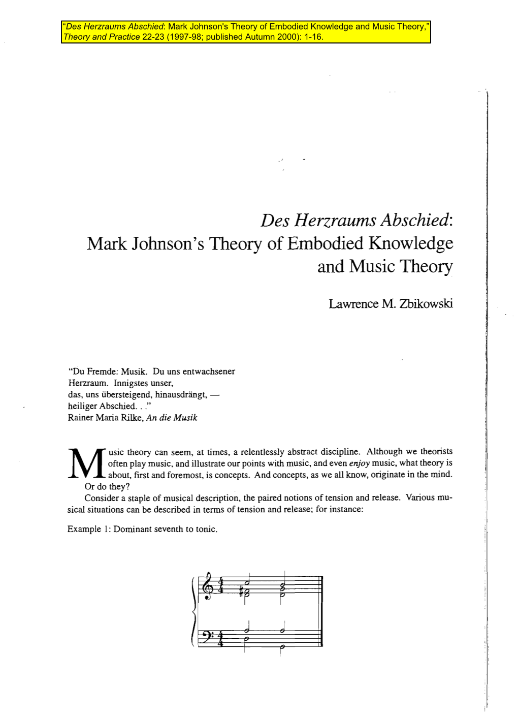 Des Herzraums Abschied: Mark Johnson's Theory of Embodied Knowledge and Music Theory